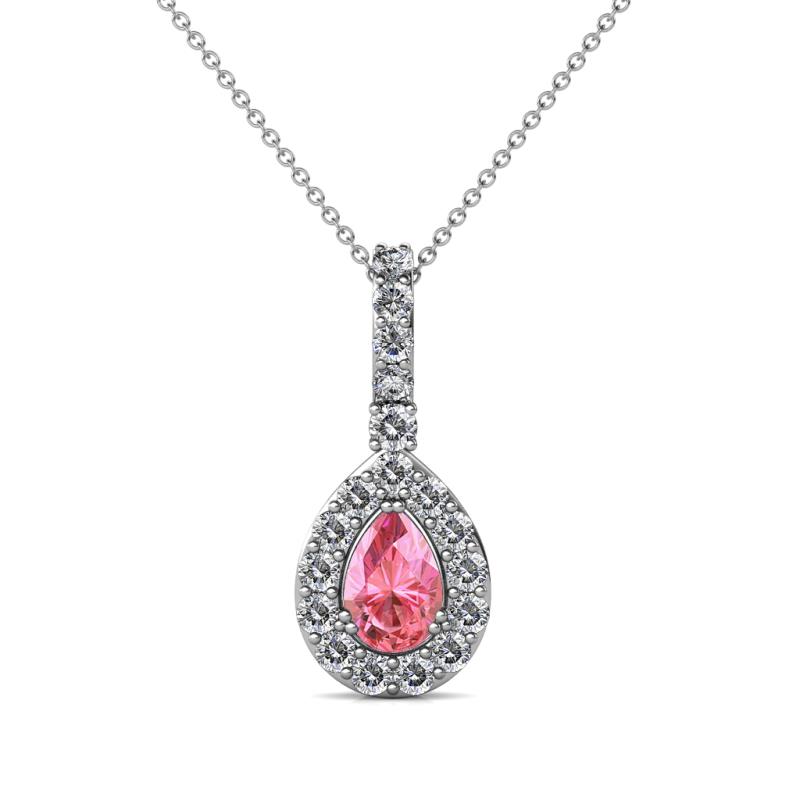 Quy 0.81 ctw (6x4 mm) Pear Shape Pink Tourmaline and Round Natural Diamond Teardrop Halo Pendant 