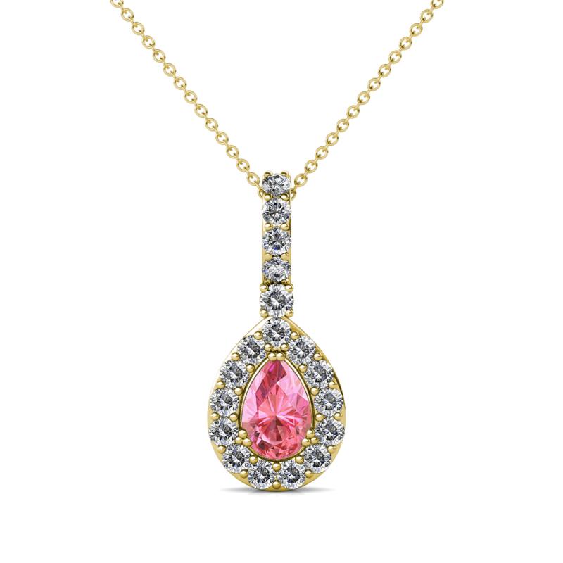 Quy 0.81 ctw (6x4 mm) Pear Shape Pink Tourmaline and Round Natural Diamond Teardrop Halo Pendant 
