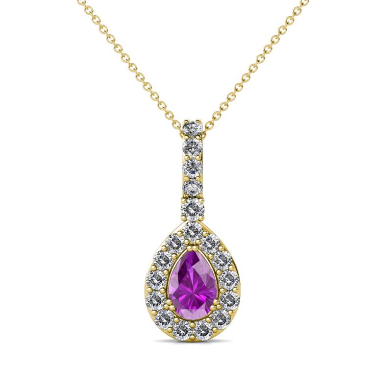 Quy 0.76 ctw (6x4 mm) Pear Shape Amethyst and Round Natural Diamond Teardrop Halo Pendant 