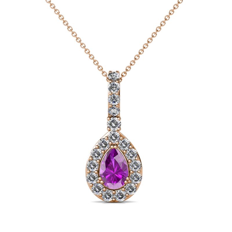 Quy 0.76 ctw (6x4 mm) Pear Shape Amethyst and Round Natural Diamond Teardrop Halo Pendant 