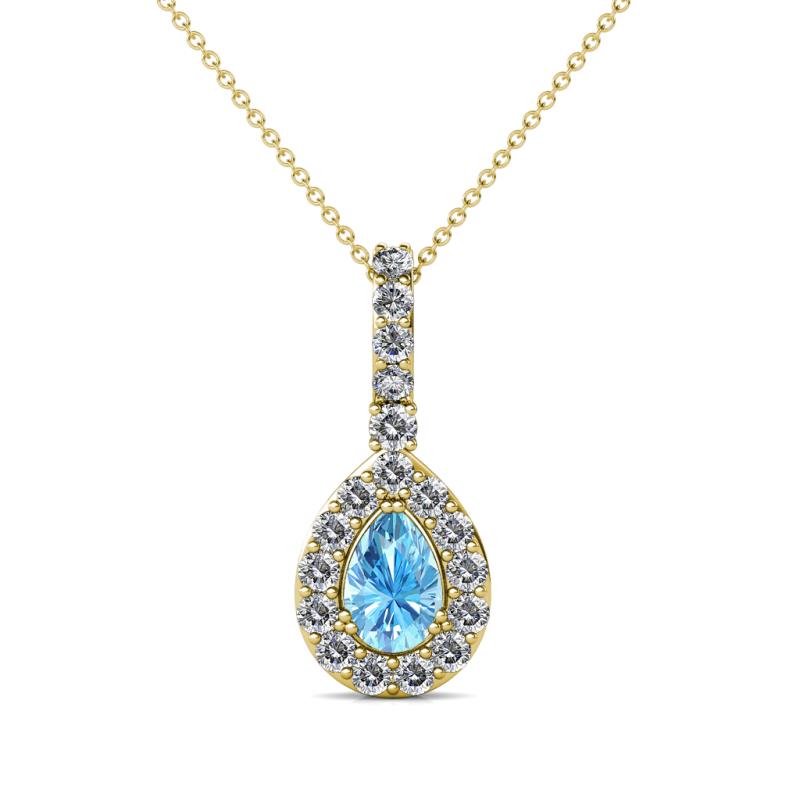 Quy 0.86 ctw (6x4 mm) Pear Shape Blue Topaz and Round Natural Diamond Teardrop Halo Pendant 