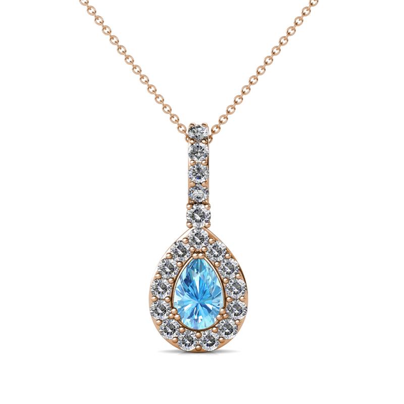 Quy 0.86 ctw (6x4 mm) Pear Shape Blue Topaz and Round Natural Diamond Teardrop Halo Pendant 