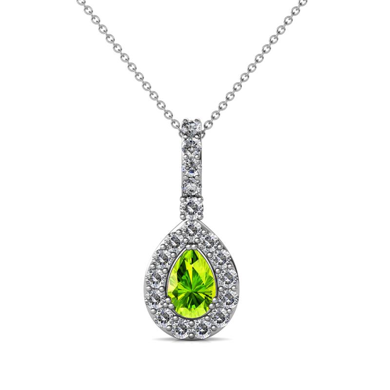 Quy 0.86 ctw (6x4 mm) Pear Shape Peridot and Round Natural Diamond Teardrop Halo Pendant 