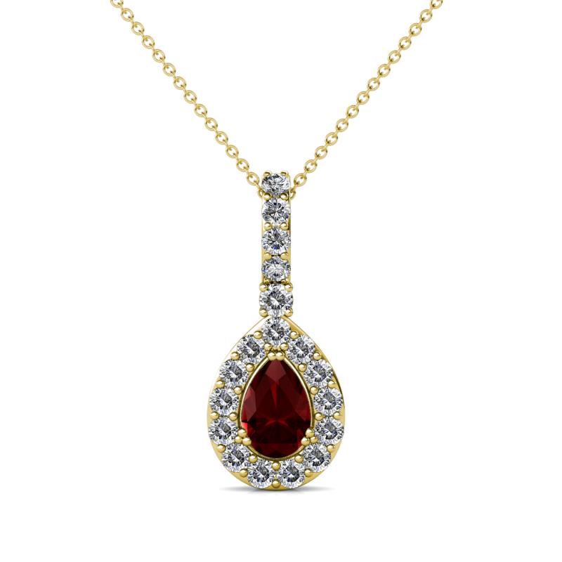 Quy 0.91 ctw (6x4 mm) Pear Shape Red Garnet and Round Natural Diamond Teardrop Halo Pendant 