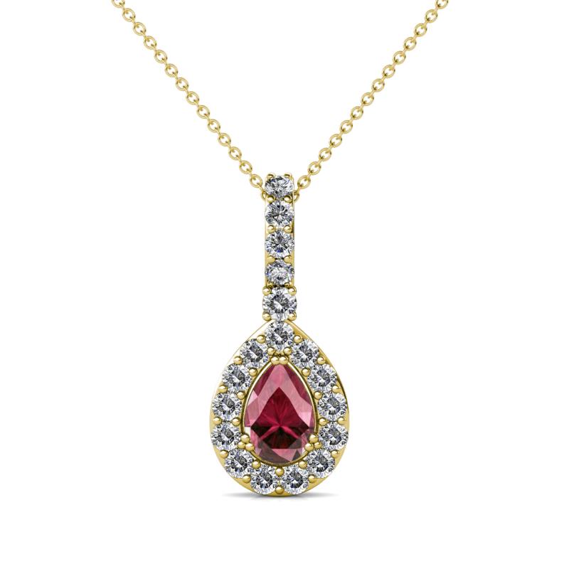 Quy 0.91 ctw (6x4 mm) Pear Shape Rhodolite Garnet and Round Natural Diamond Teardrop Halo Pendant 