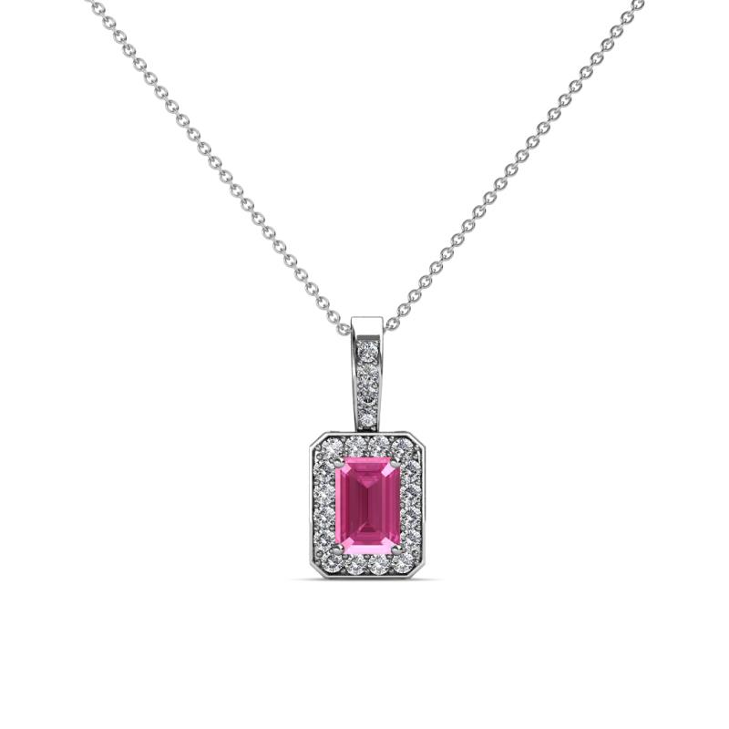 Lilian 0.80 ctw (6x4 mm) Emerald Cut Pink Sapphire and Round Natural Diamond Halo Pendant 