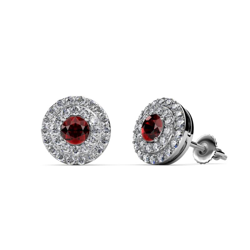 Eryn Red Garnet and Diamond Double Halo Stud Earrings 