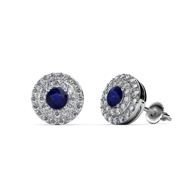 Eryn Blue Sapphire and Diamond Double Halo Stud Earrings 