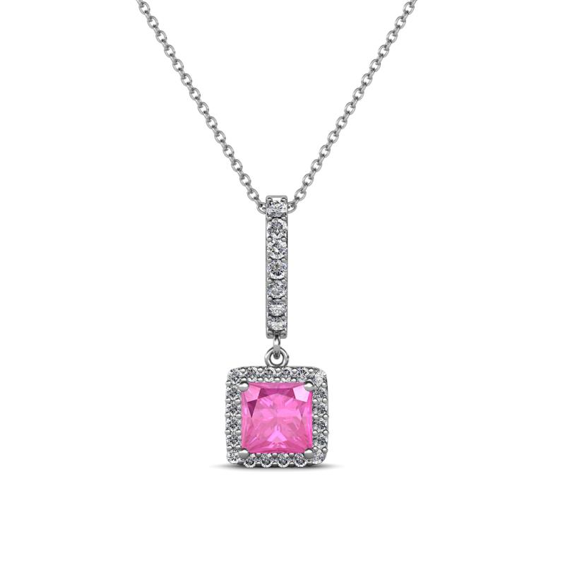 Claire Lab Created Pink Sapphire and Diamond Square Shape Halo Pendant 