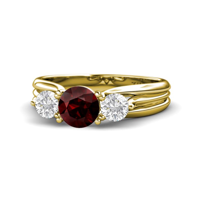 Alyssa Red Garnet and White Sapphire Three Stone Engagement Ring 