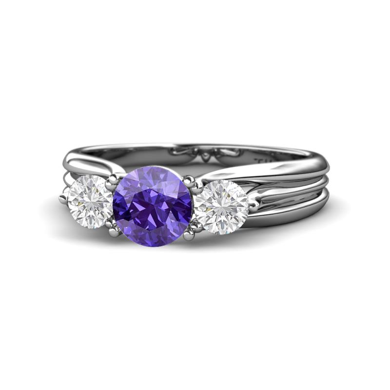 Alyssa Iolite and White Sapphire Three Stone Engagement Ring 