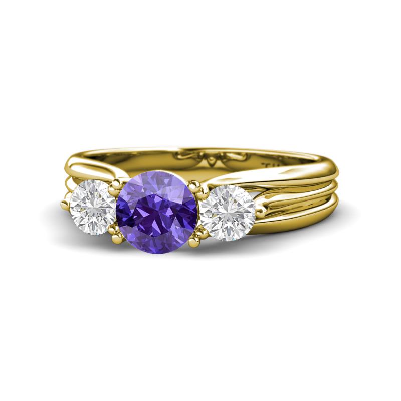 Alyssa Iolite and White Sapphire Three Stone Engagement Ring 