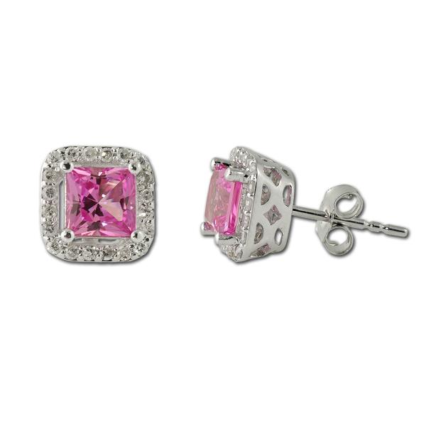 Lab Created Pink Sapphire and Diamond Stud Earrings 