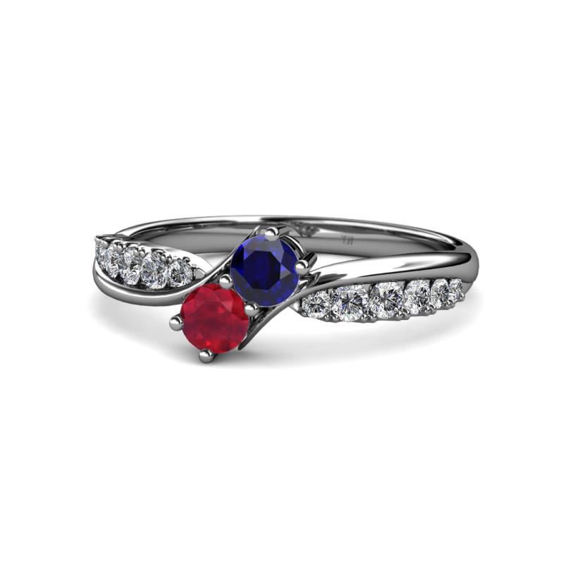 Nicia Blue Sapphire and Ruby with Side Diamonds Bypass Ring 