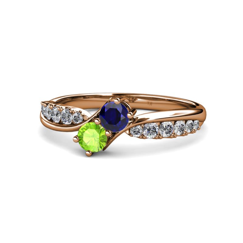 Nicia Blue Sapphire and Peridot with Side Diamonds Bypass Ring 