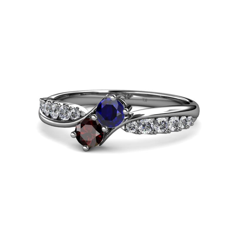 Nicia Blue Sapphire and Red Garnet with Side Diamonds Bypass Ring 
