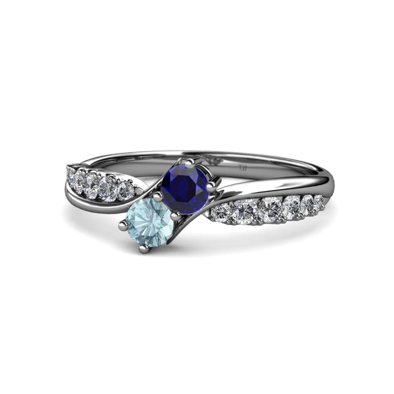 Nicia Blue Sapphire and Aquamarine with Side Diamonds Bypass Ring 