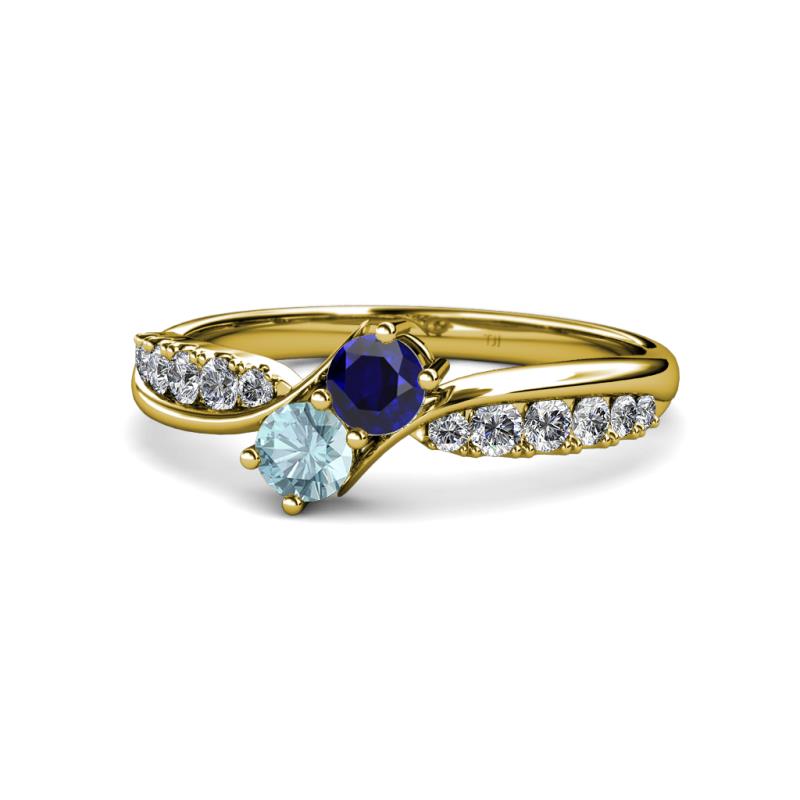 Nicia Blue Sapphire and Aquamarine with Side Diamonds Bypass Ring 