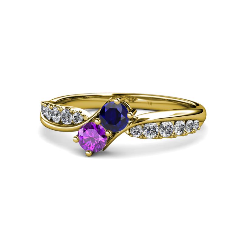 Nicia Blue Sapphire and Amethyst with Side Diamonds Bypass Ring 