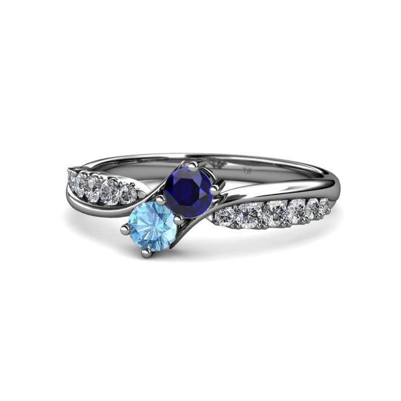 Nicia Blue Sapphire and Blue Topaz with Side Diamonds Bypass Ring 