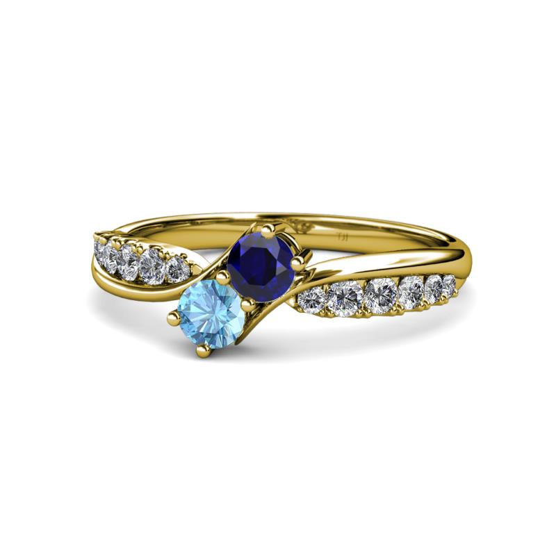 Nicia Blue Sapphire and Blue Topaz with Side Diamonds Bypass Ring 