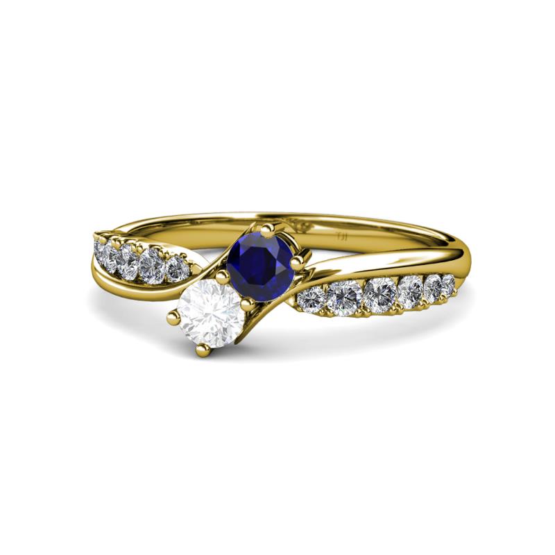 Nicia Blue and White Sapphire with Side Diamonds Bypass Ring 