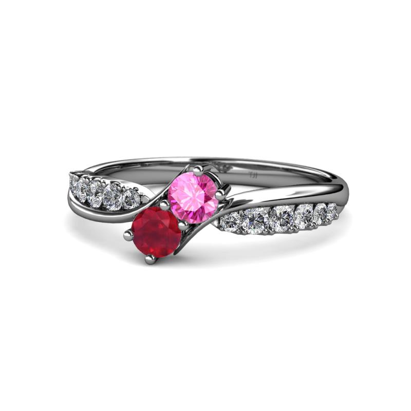 Nicia Pink Sapphire and Ruby with Side Diamonds Bypass Ring 