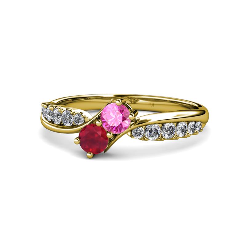 Nicia Pink Sapphire and Ruby with Side Diamonds Bypass Ring 