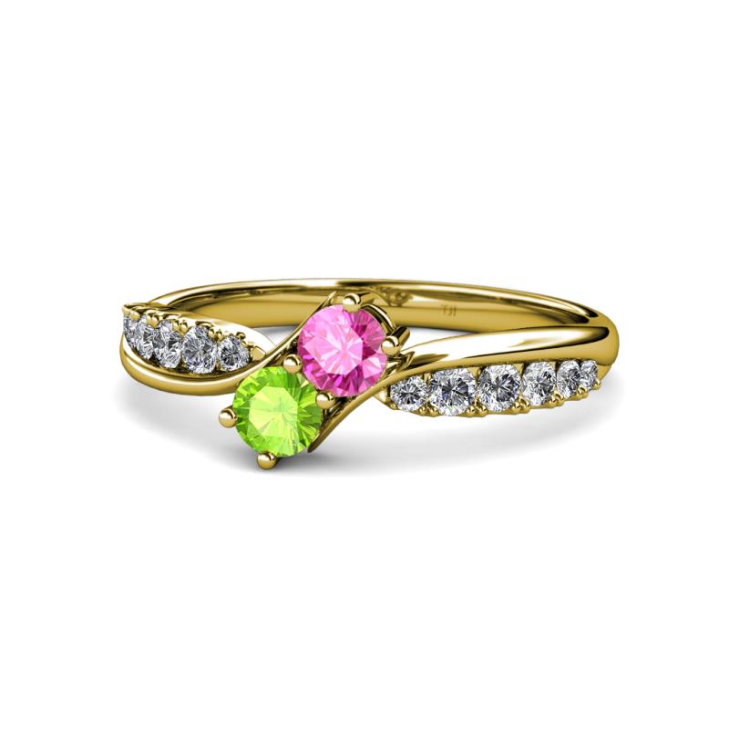 Nicia Pink Sapphire and Peridot with Side Diamonds Bypass Ring 