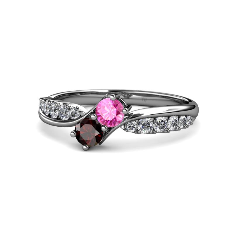 Nicia Pink Sapphire and Red Garnet with Side Diamonds Bypass Ring 