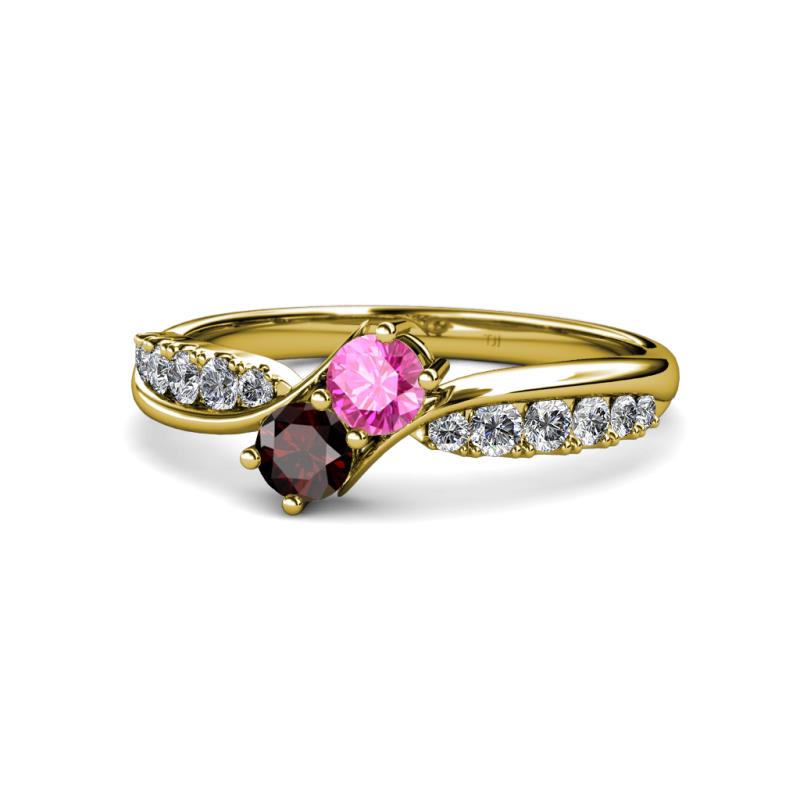 Nicia Pink Sapphire and Red Garnet with Side Diamonds Bypass Ring 