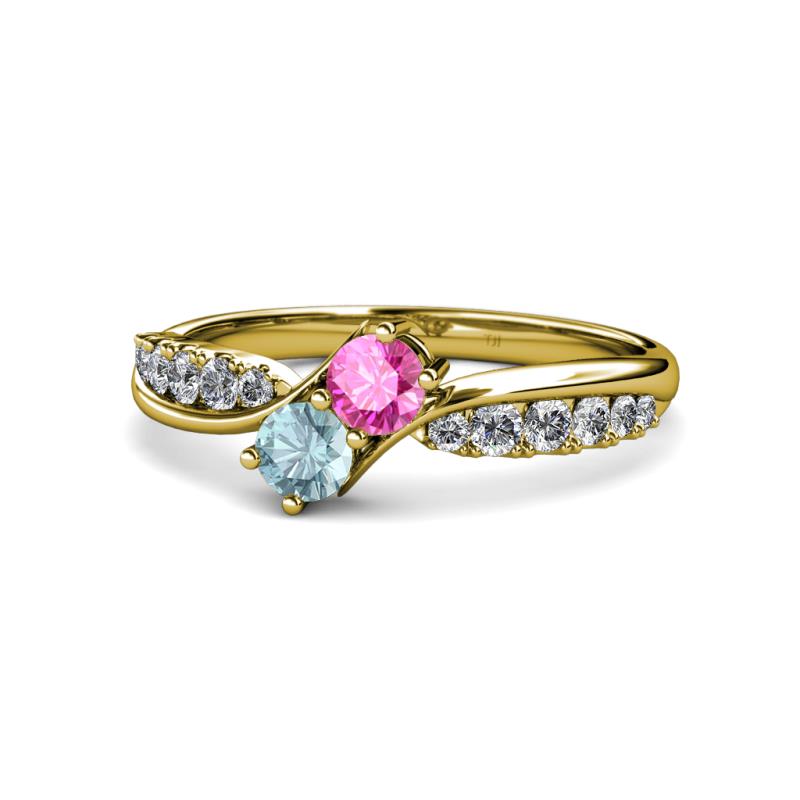 Nicia Pink Sapphire and Aquamarine with Side Diamonds Bypass Ring 