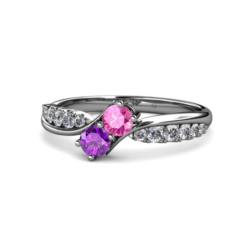 Nicia Pink Sapphire and Amethyst with Side Diamonds Bypass Ring 