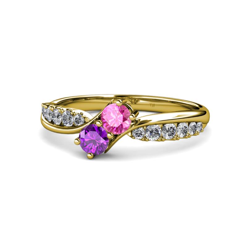Nicia Pink Sapphire and Amethyst with Side Diamonds Bypass Ring 