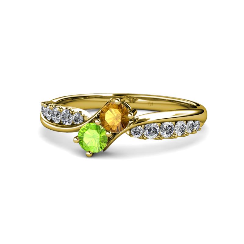 Nicia Citrine and Peridot with Side Diamonds Bypass Ring 