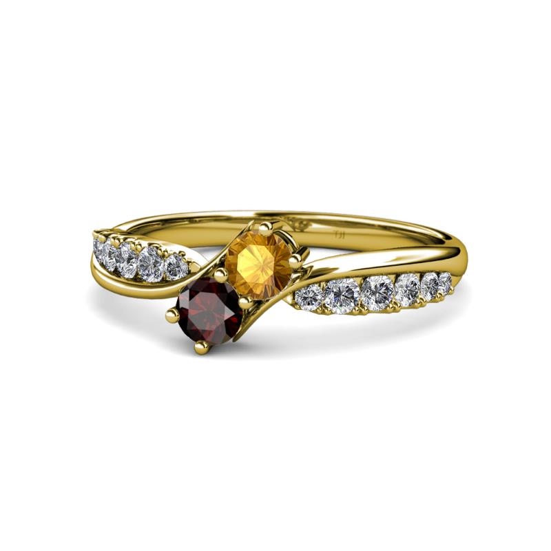 Nicia Citrine and Red Garnet with Side Diamonds Bypass Ring 
