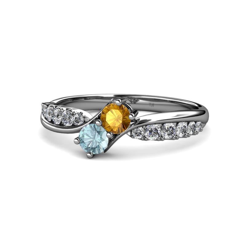 Nicia Citrine and Aquamarine with Side Diamonds Bypass Ring 
