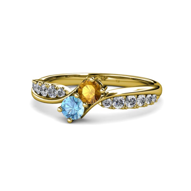 Nicia Citrine and Blue Topaz with Side Diamonds Bypass Ring 