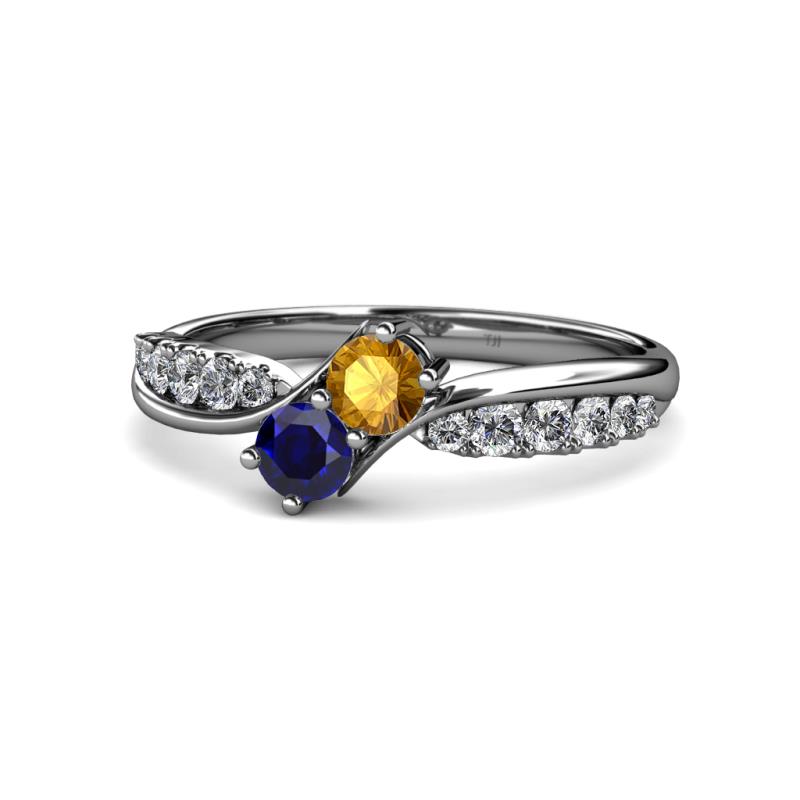 Nicia Citrine and Blue Sapphire with Side Diamonds Bypass Ring 