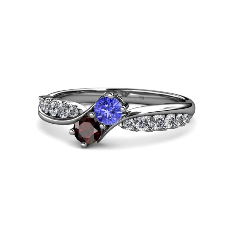 Nicia Tanzanite and Red Garnet with Side Diamonds Bypass Ring 