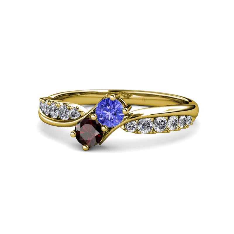 Nicia Tanzanite and Red Garnet with Side Diamonds Bypass Ring 