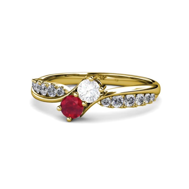 Nicia White Sapphire and Ruby with Side Diamonds Bypass Ring 