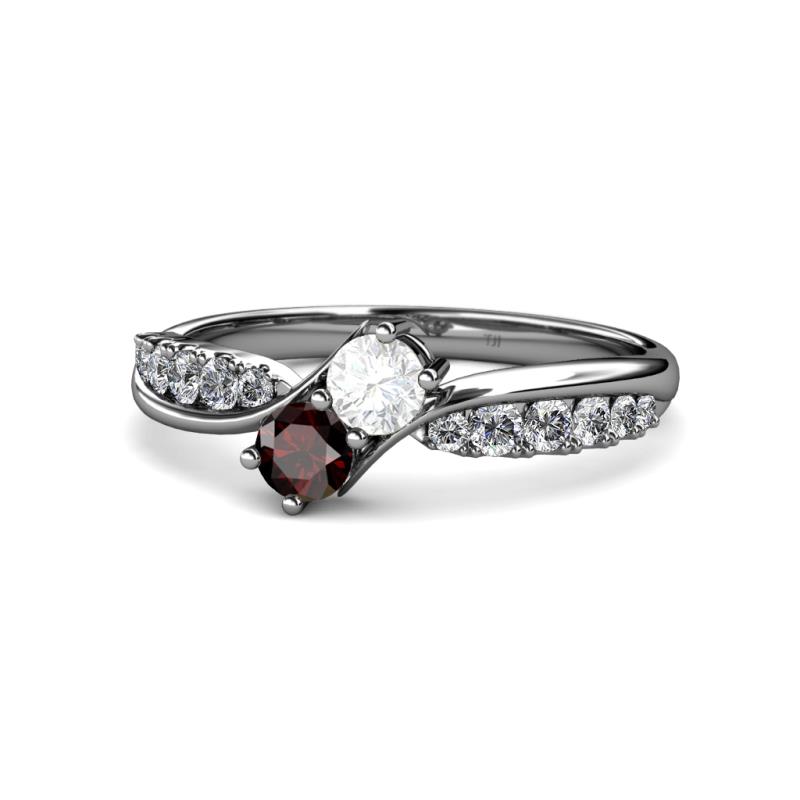 Nicia White Sapphire and Red Garnet with Side Diamonds Bypass Ring 