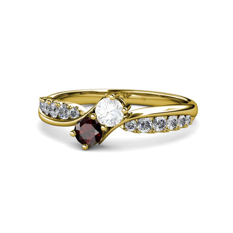 Nicia White Sapphire and Red Garnet with Side Diamonds Bypass Ring 