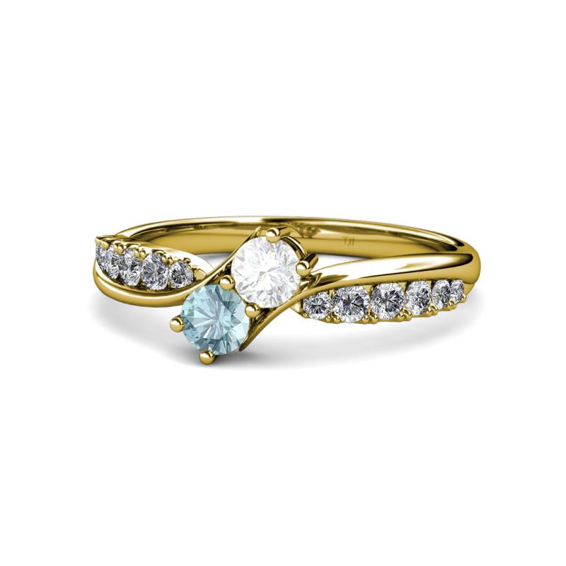 Nicia White Sapphire and Aquamarine with Side Diamonds Bypass Ring 