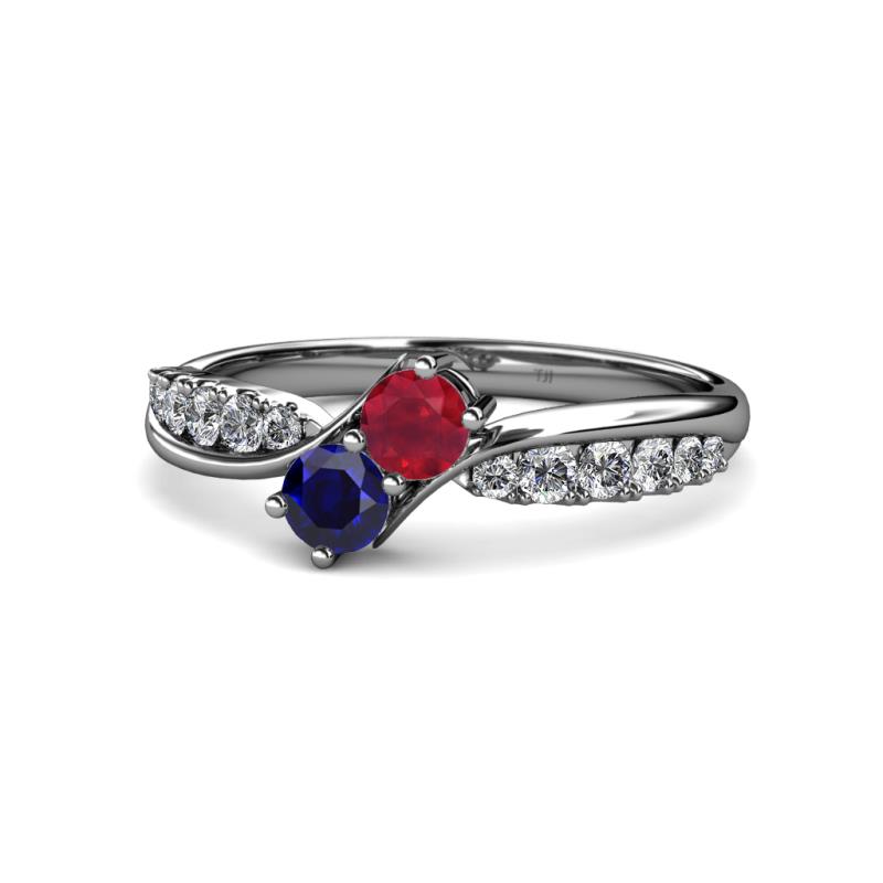 Nicia Ruby and Blue Sapphire with Side Diamonds Bypass Ring 