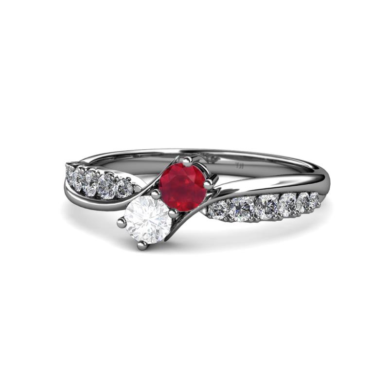 Nicia Ruby and White Sapphire with Side Diamonds Bypass Ring 