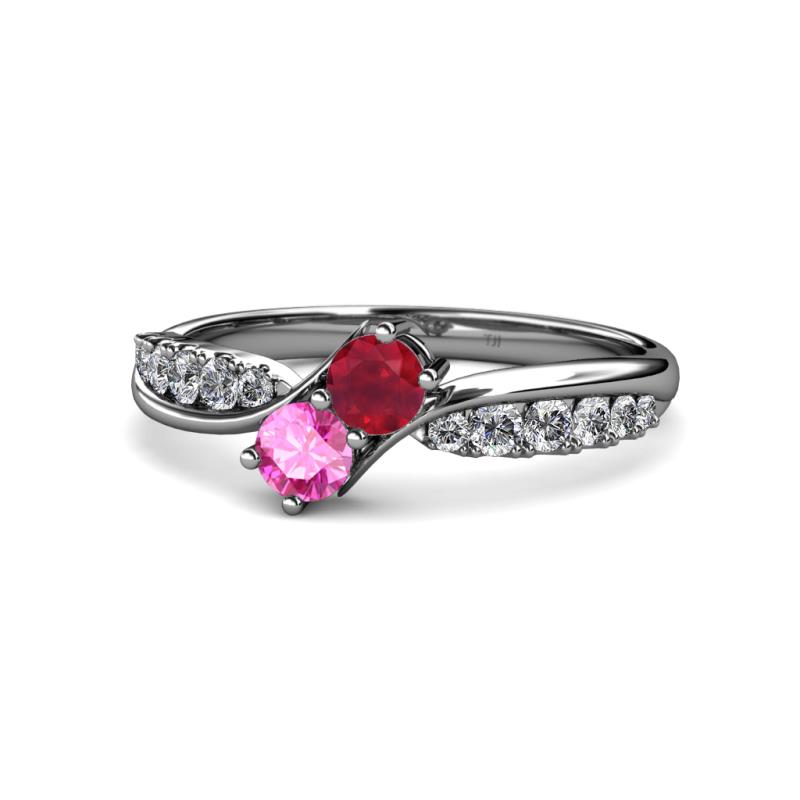 Nicia Ruby and Pink Sapphire with Side Diamonds Bypass Ring 