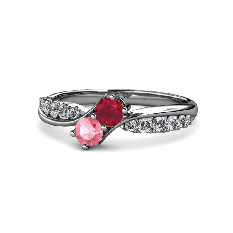 Nicia Ruby and Pink Tourmaline with Side Diamonds Bypass Ring 