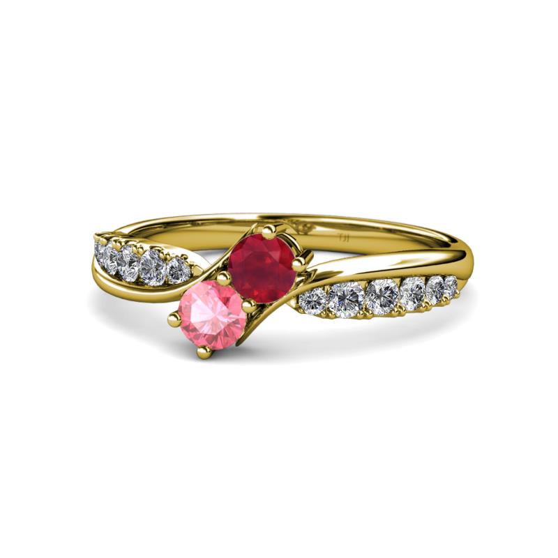 Nicia Ruby and Pink Tourmaline with Side Diamonds Bypass Ring 